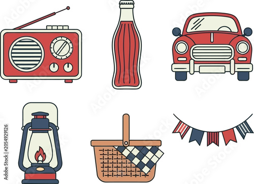 Vintage picnic setup with radio, soda, car, lantern, basket, and bunting