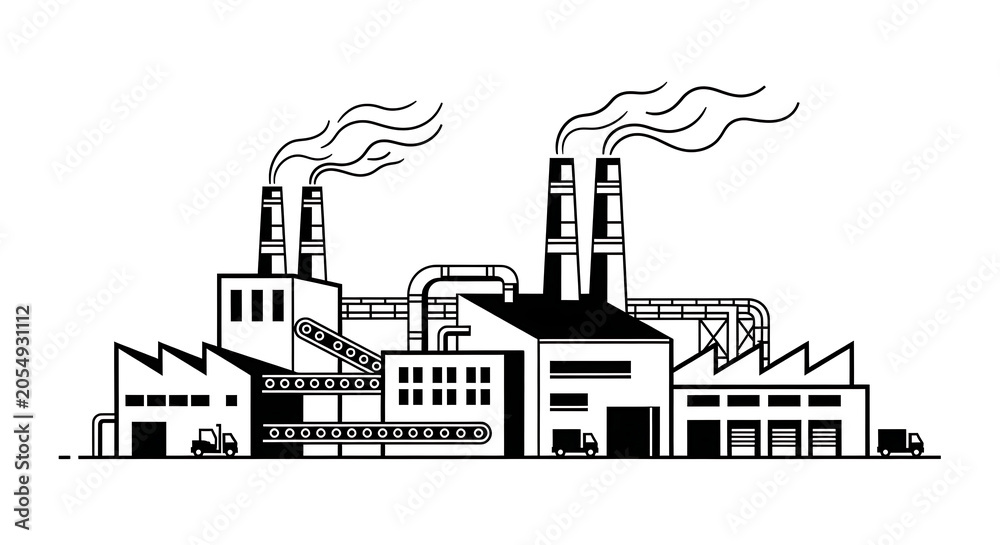 Obraz premium Industrial factory building with chimneys and conveyor belts