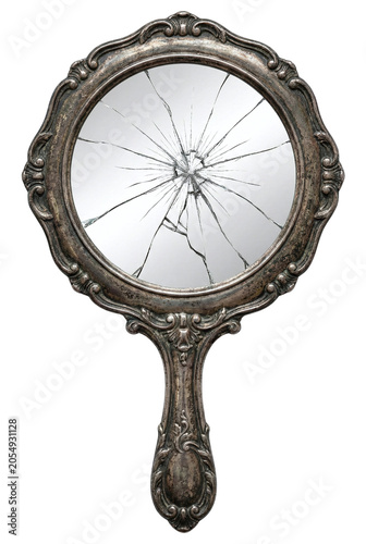 Antique hand mirror with cracked glass