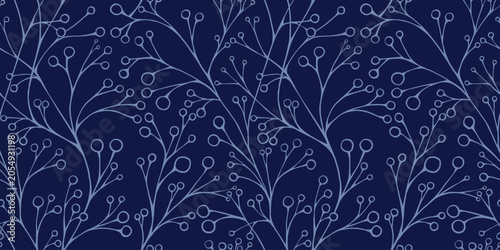Vászonkép Elegant seamless botanical pattern with delicate branching stems and berry like circles in monochromatic blue tones for textiles, wallpaper, and decor