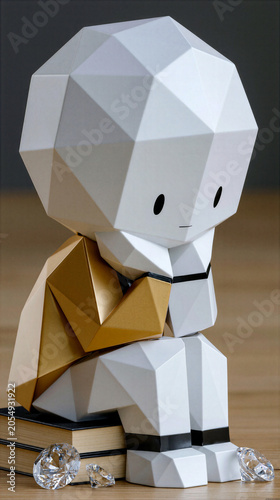 Sitting figure with geometric design and golden jacket placed on a stack of books and diamonds on a wooden surface