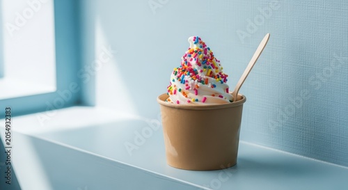 Delicious Vanilla Soft Serve Ice Cream with Colorful Sprinkles in a Paper Cup with Wooden Spoon on Blue Background