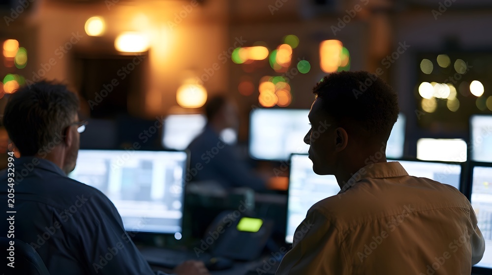 Obraz premium Two professionals stand looking at glowing monitors in a modern control room emphasizing a collaborative and focused atmosphere