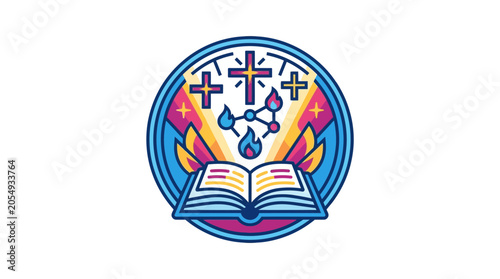Bild auf Leinwand Christianity and Science Symbol: Open Bible, Crosses, and Molecular Structure