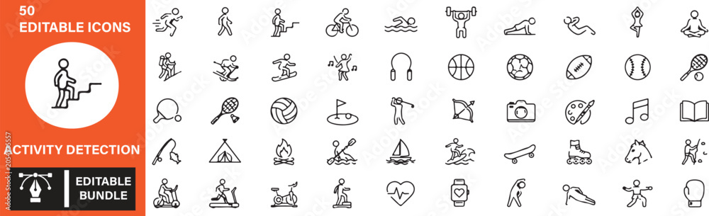 Fototapeta premium Activity Detection Vector Icons Bundle – 50 AI Surveillance, Human Motion Recognition and Smart Security Outline Icons Set