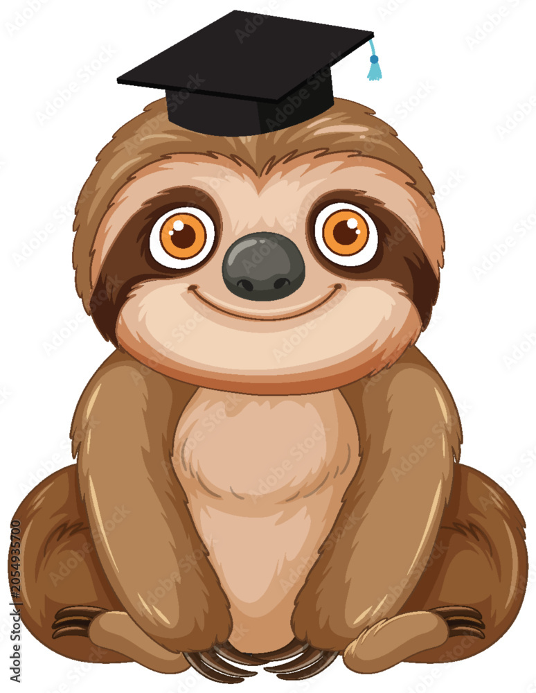 Fototapeta premium Cute Cartoon Sloth Wearing a Black Graduation Cap Illustration