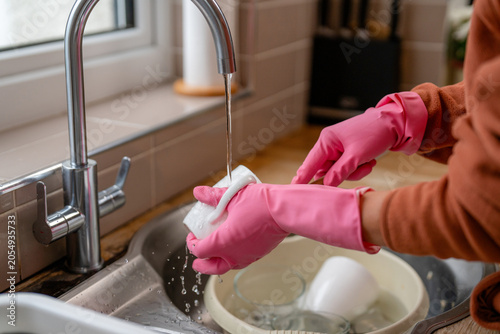 Εκτύπωση καμβά Woman washes dishes in kitchen sink wearing pink gloves during daytime at home