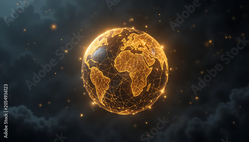Glowing Golden Planet with Cracks in Dark Cosmic Space and Stars Background