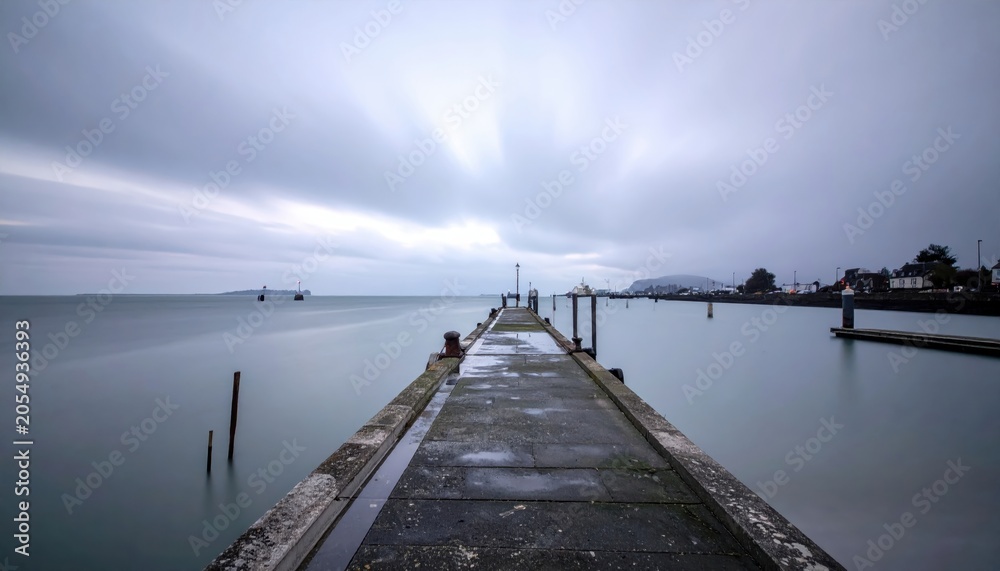 Fototapeta premium Empty harbor pier with fog rolling in and receding under a cloudy sky