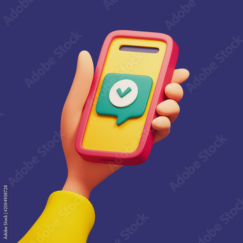 3D rendering of a human hand holding a smartphone in a red case on a purple background. A green message popup with a checkmark is displayed on the yellow screen. Cute cartoon style concept.