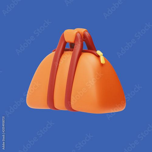 3D rendering of a cute cartoon orange sports gym bag with brown inserts and a zipper, floating in the air. Minimalist travel and fitness icon on blue background.