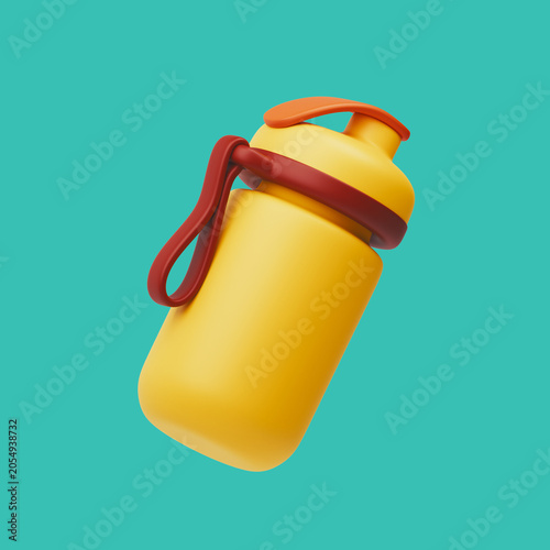 3D rendering of a cute cartoon yellow sports water bottle with a brown strap floating in the air. Minimalist travel and fitness icon on green background.