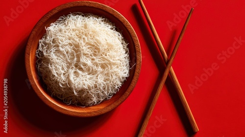 Rice noodles in a wooden bowl with chopsticks on a vibrant red background in a flat lay macro shot for asian restaurant menu branding