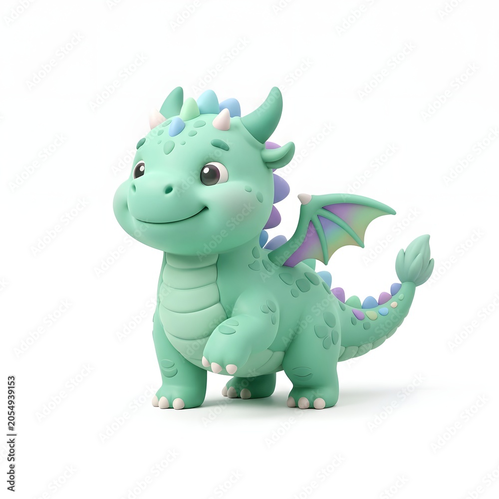 Fototapeta premium Cute pastel green toy dragon figurine with purple and blue accents on white background
