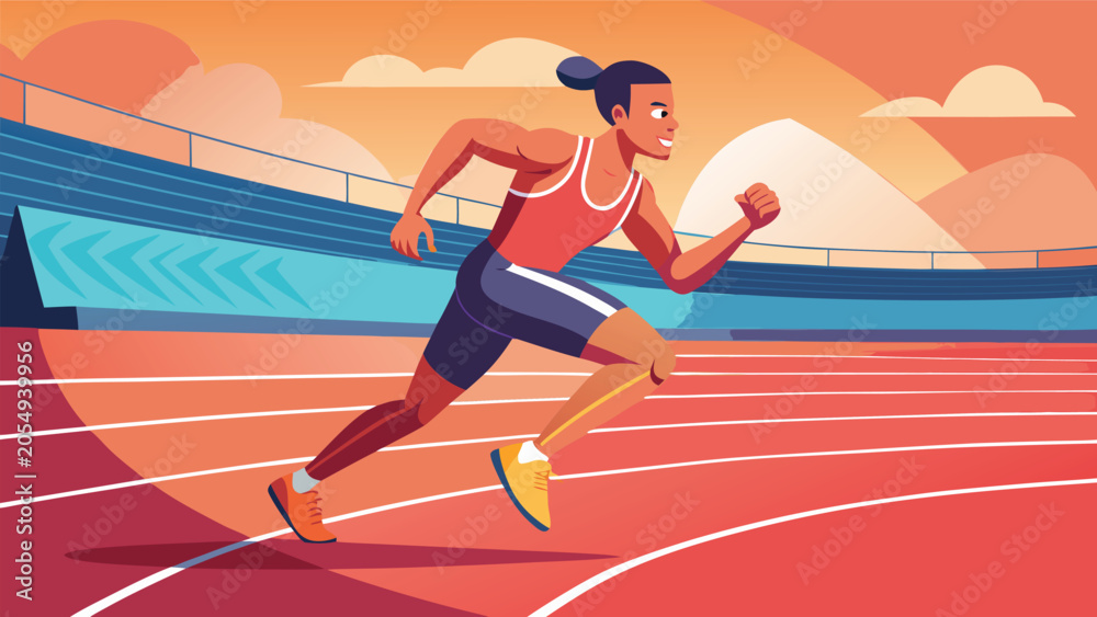Fototapeta premium A female athlete running on a track in a stadium