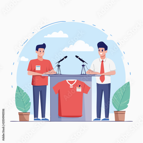 Two men at podiums with microphones and a t-shirt