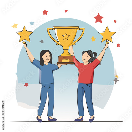 Two people celebrating with a trophy and stars