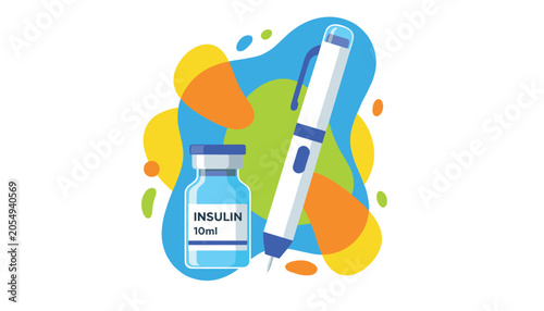 Diabetes treatment equipment set including a modern insulin injection pen and a ten milliliter vial on an abstract background.