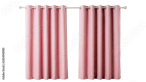 Obraz na plátně Two pink grommet curtains hanging on a silver curtain rod, isolated on transpare