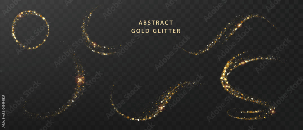 Fototapeta premium Golden glitter wave collection featuring magical light trails and sparkling dust particles. Abstract festive design elements with elegant star accents.