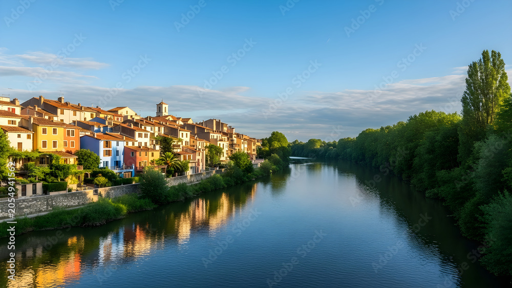 Obraz premium Serene river flows gently through a quaint town surrounded by lush greenery under a blue sky.