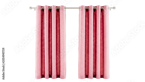 Fotografie Two pink grommet curtains hanging on a silver curtain rod, isolated on transpare