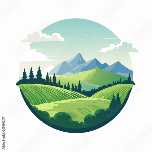 Stylized Landscape with Rolling Hills, Mountains, and Trees
