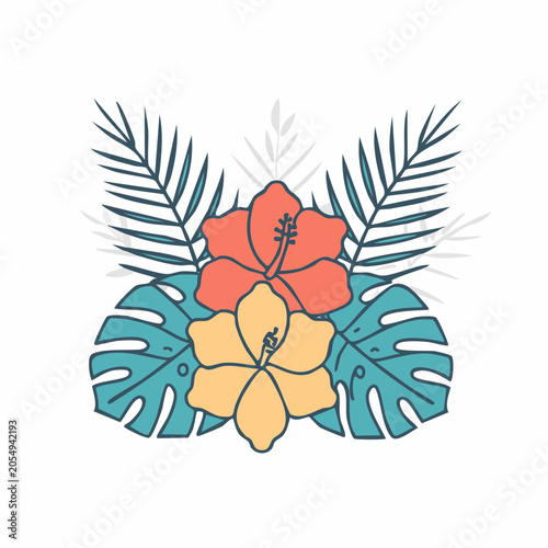 Tropical Hibiscus Flowers and Palm Leaves Illustration