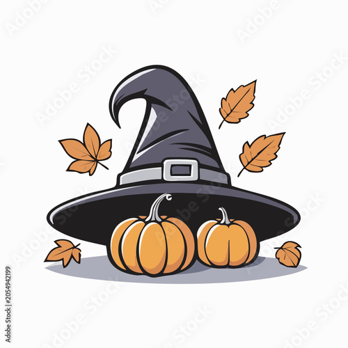Witch Hat with Pumpkins and Autumn Leaves