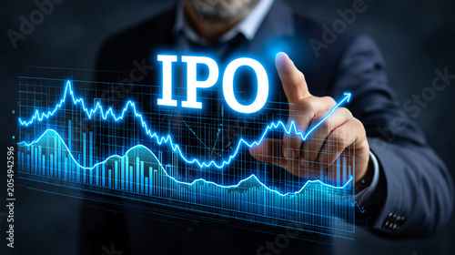 IPO Growth: A businessman in a suit points to a glowing IPO sign superimposed over a vibrant blue stock market graph, symbolizing financial growth and investment opportunities.