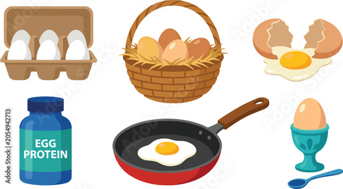 Foto Chicken egg production and cooking vector set featuring egg carton basket cracke