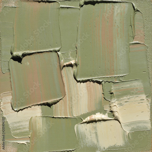 Abstract oil painting background with thick impasto brush strokes and earthy green and beige palette knife texture
