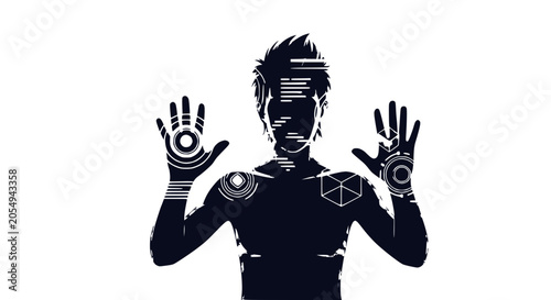 Konstfotografi Futuristic man with digital interface projected on hands and body, cybernetic co