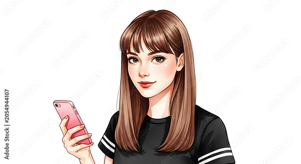 Naklejka premium Young Woman Holding a Pink Smartphone and Smiling with a Casual Black T-Shirt and Bangs Hairstyle