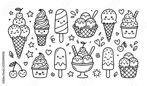 Fotografie Cute Ice Cream Line Doodle Collection with Dessert Clipart and Sweet Symbols