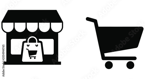 Shopping Cart And Storefront Silhouette Icons On White Background shopfront