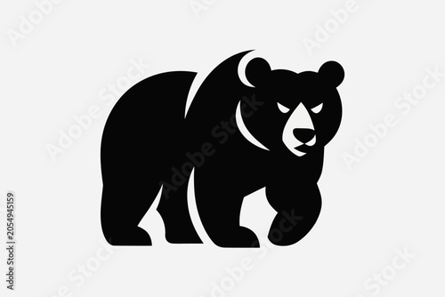 Obraz na płótnie Bear Icon: A stylized graphic of a walking bear, rendered in a bold, minimalistic black silhouette against a light grey background, conveying strength and wildness