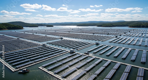 Aerial view of a large floating solar panel farm on a reservoir