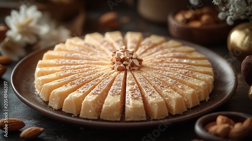 Traditional Indian Sweets on Plate with Nuts and Flowers
