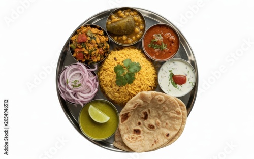 Indian thali, isolated on white background.