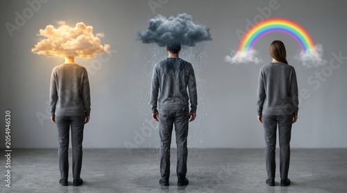 Three people with different thoughts above their heads.