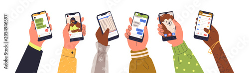 Foto Hands holding smartphone screens, using mobile apps, set