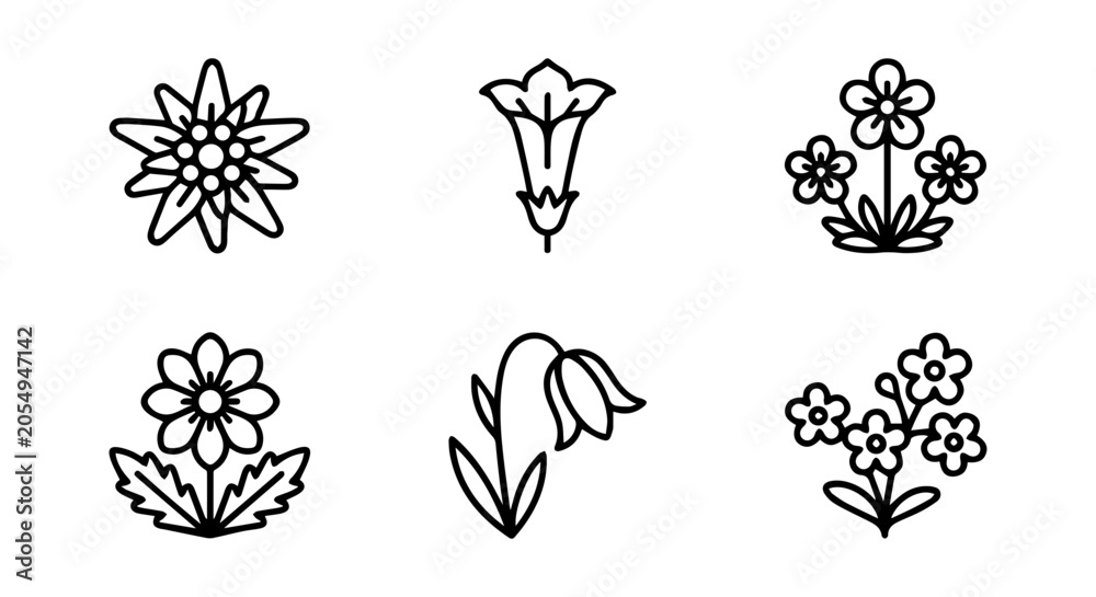 Fototapeta premium Flower icon set, outline style, white background