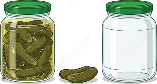 Bilde på lerret Pickled cucumber jars vector set featuring full glass jar with green lid empty j