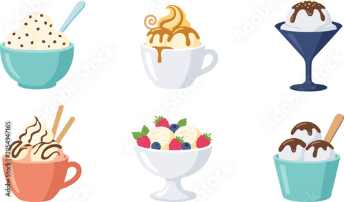 Ice cream sundae vector set featuring delicious dessert bowls cups and glasses topped with chocolate syrup caramel drizzle fresh berries and wafer sticks isolated on white background