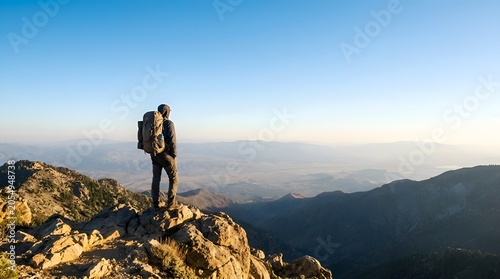 Hiker standing on mountain peak, overlooking landscape, adventure travel, outdoor exploration