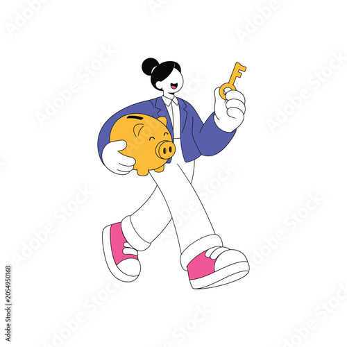 Εκτύπωση καμβά A person holding a golden piggy bank and a key, symbolizing financial planning, savings, and the key to future security and investment success