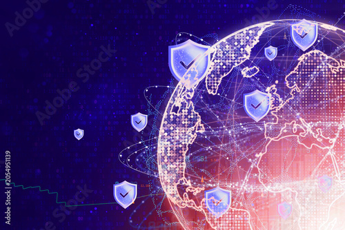 Global digital security and cybersecurity protection. Concept with blue shields and checkmarks on glowing world globe. Secure network, data encryption and international business protection.