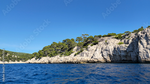 Calanques coast near Cassis, Calanques National Park, Provence-Alpes-Cote d'Azur, France, Europe. Mediterranean sea and rocky coastline in Calanques National Park, Bouches-du-Rhône, France, Europe.