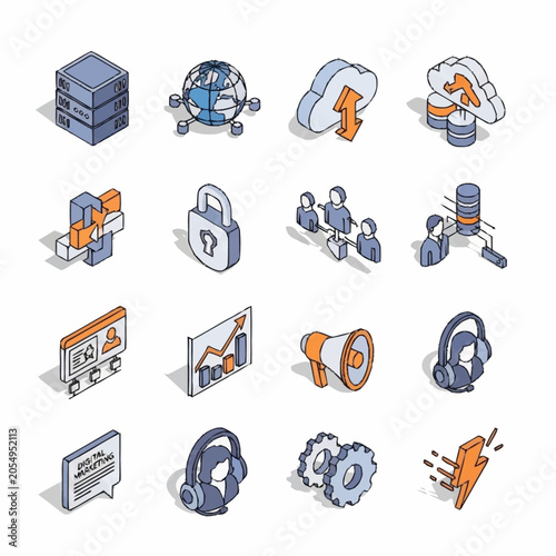 Isometric icons representing technology, data, and business concepts like cloud computing, networking, security, and communication.